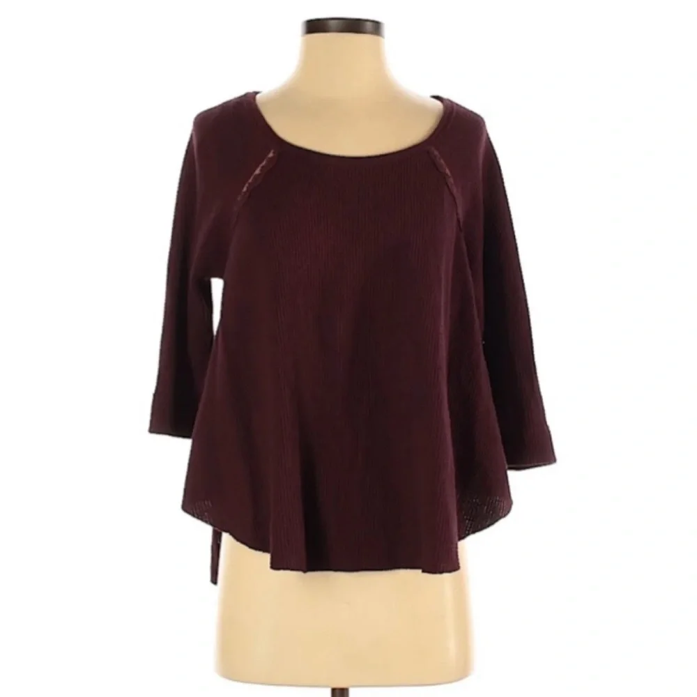 Free People Maroon Open Back Lace Waffle Top Medium - Picture 3 of 10